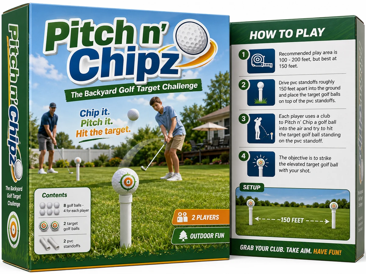 Pitch n' Chipz product packaging showing the front and how-to-play panel
